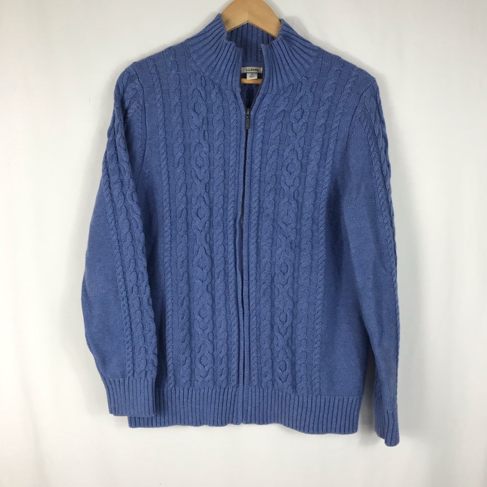 L.L Bean Full Zip Cable Knit Blue Cardigan Size XL